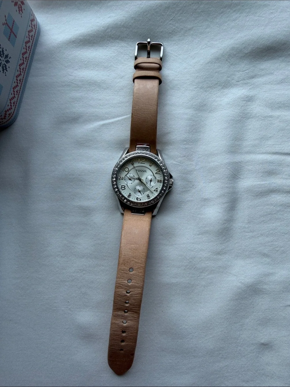 Fossil Women's Rose-Beige Leather Strap Crystal Bezel Watch
